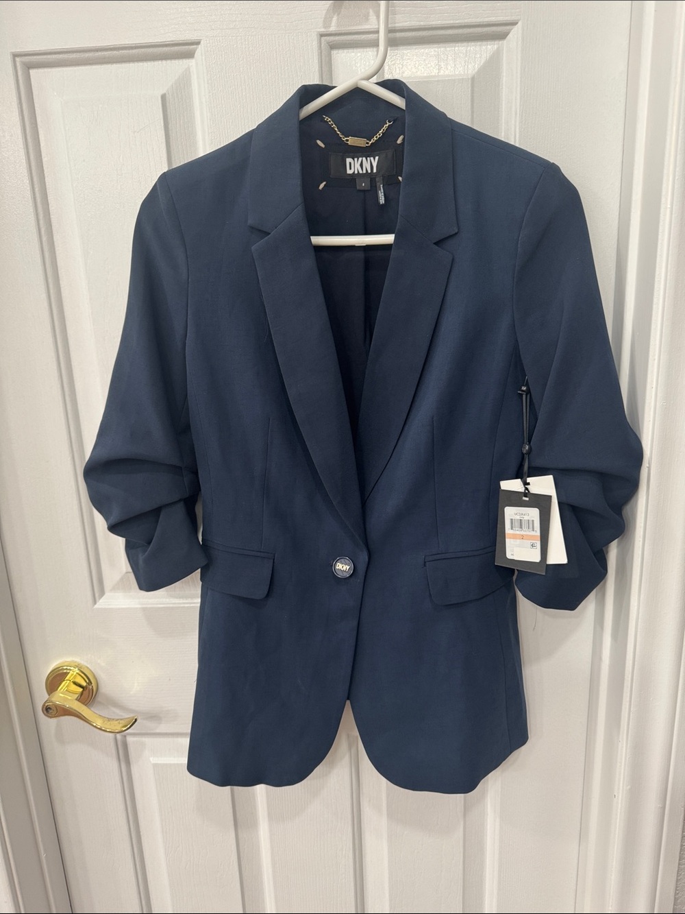 DKNY Navy Single-Button Ruched-Sleeve Blazer
